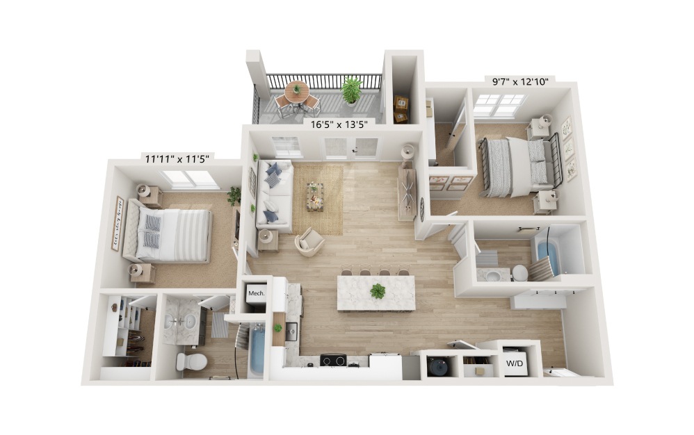 2x2 - 2 bedroom floorplan layout with 2 baths and 1054 to 1085 square feet.