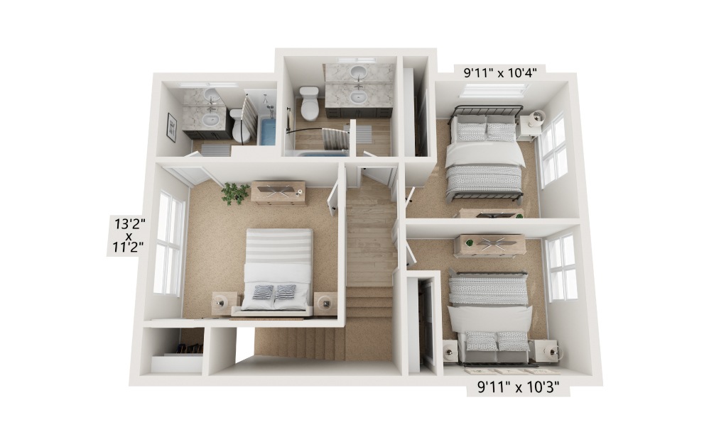 3x2.5-3 Townhome - 3 bedroom floorplan layout with 2.5 baths and 1339 square feet. (Floor 2)
